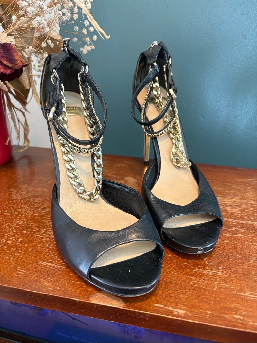 Black Chain-Accent Peep Toe High Heels